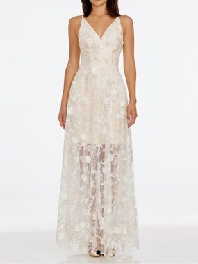 NWT Dress The Population Sidney Beaded Sequin 3D Floral Gown in White Multi Sz M